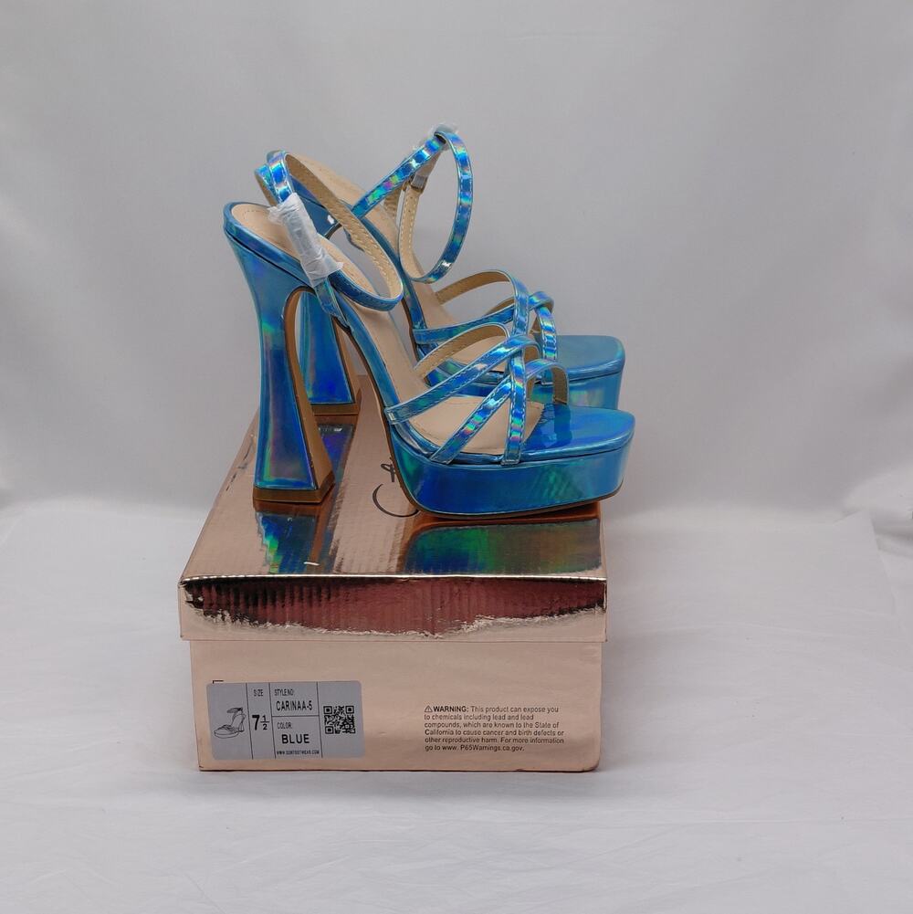 Y2K Blue Iridescent Platform Sandals Womens Size 7.5 Retro Party Heels Cathy Din